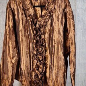 Vtg 90"s ColourWorks Blouse L Copper crinkle ruffle collar tuxedo dressy shirt